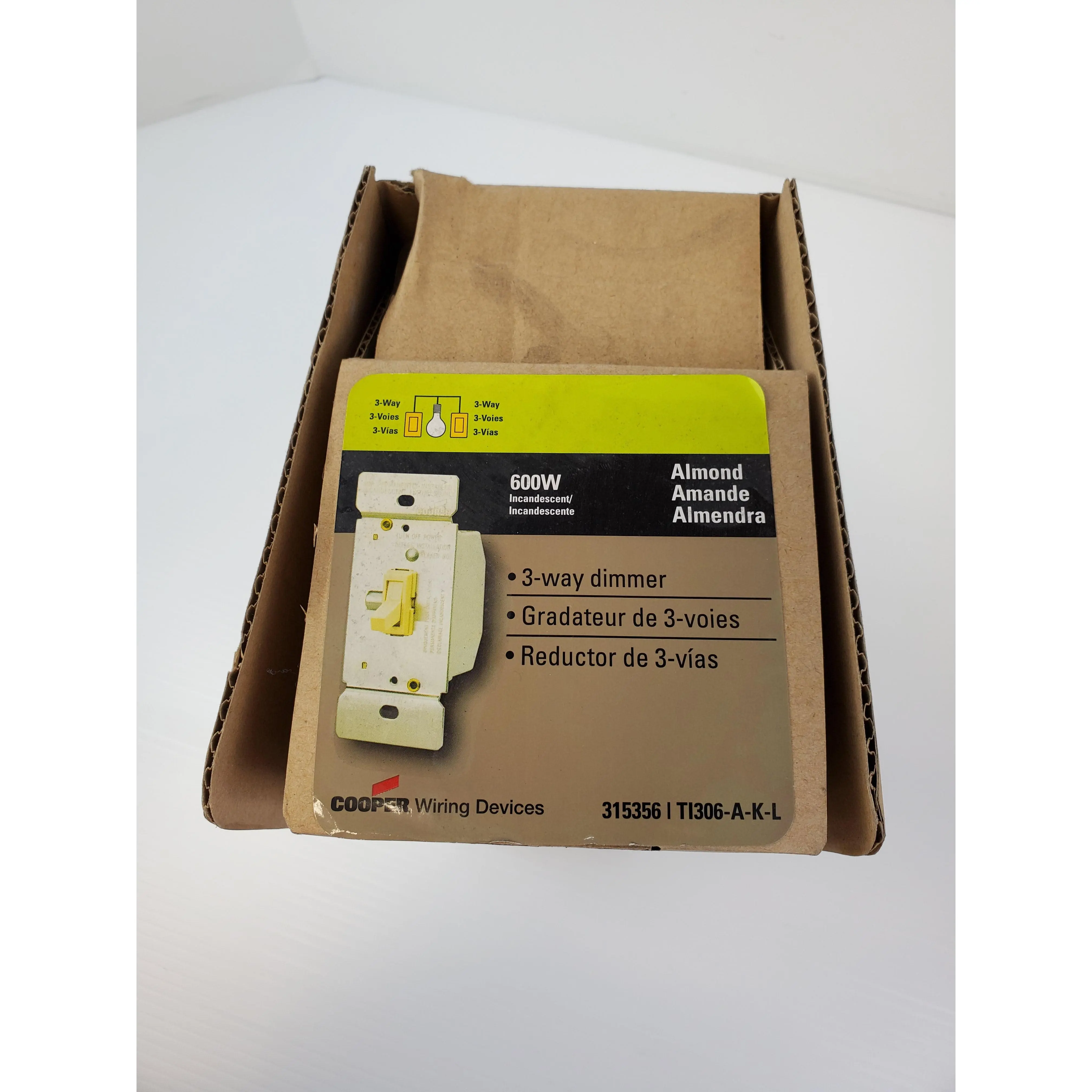 Box of 5 Cooper Wiring Devices 3-Way Toggle Dimmer 315356 TI306-W-K-L Almond