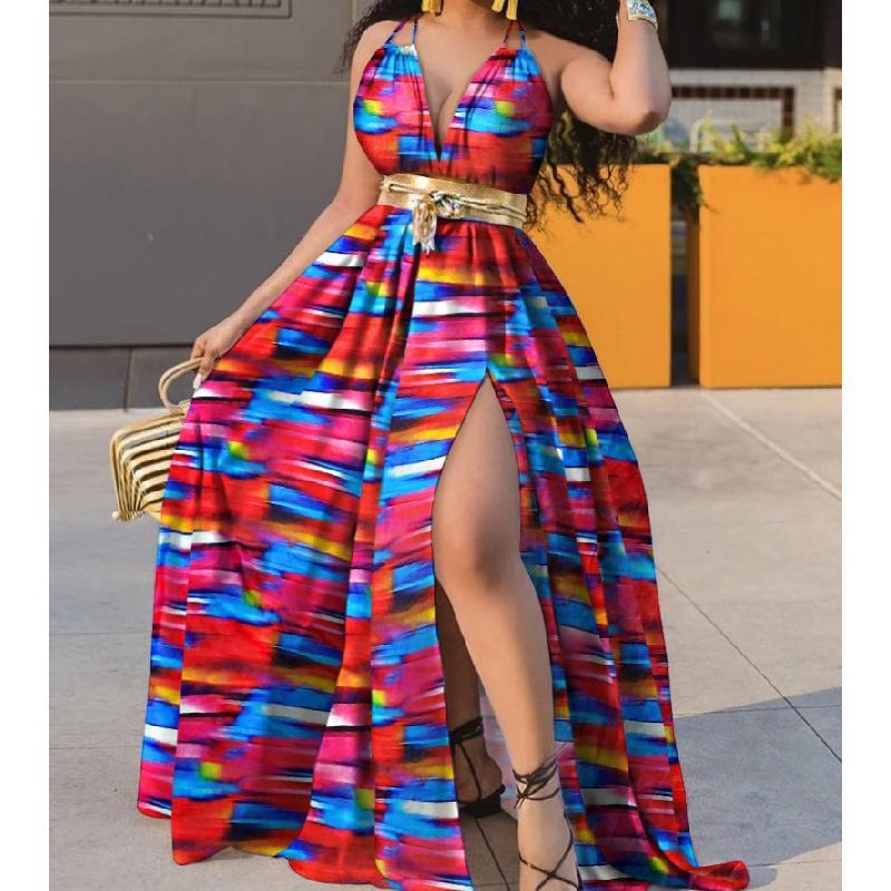 Summer Dress Printed Waist-Controlled Mid Waist Temperament Long Dress Sexy Slit Large Swing Dress with Belt Casual Fit Asymmetrical Womenswear Sleeveless Comfort Elegance Feminine Floral Twist Vneck Formal White