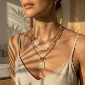 XIANYA Fine Jewelry 3 Pcs Tarnish Free Cross Necklace Set for Women Separable Layered Cuban Link & Paperclip Chain Adjustable Hip Hop Jewelry