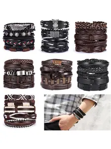 Men's Leather Set Bracelet, Leaf & Wood Bead Woven Leather Adjustable Geometric Style Handmade Chain