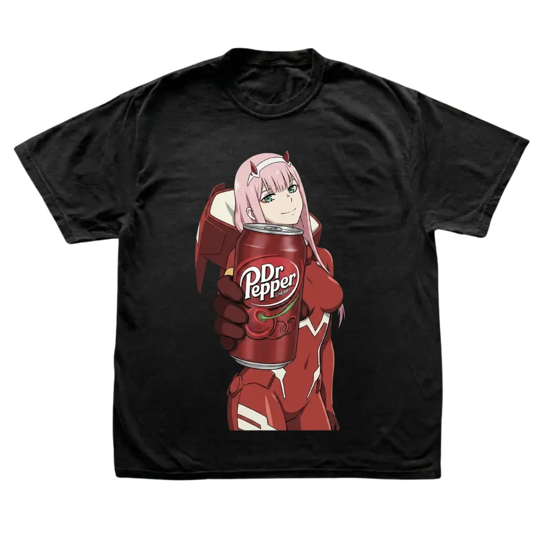 Zero Two x Dr Pepper T-Shirt, Darling in the Franxx Anime Graphic Tees, Unisex Tshirt, Gifts Shirt, Menswear Womenswear Streetwear, Aesthetic, Heavyweight Cotton Comfort Top Regular Fit Y2k Outfit Outdoor Affliction Clothes