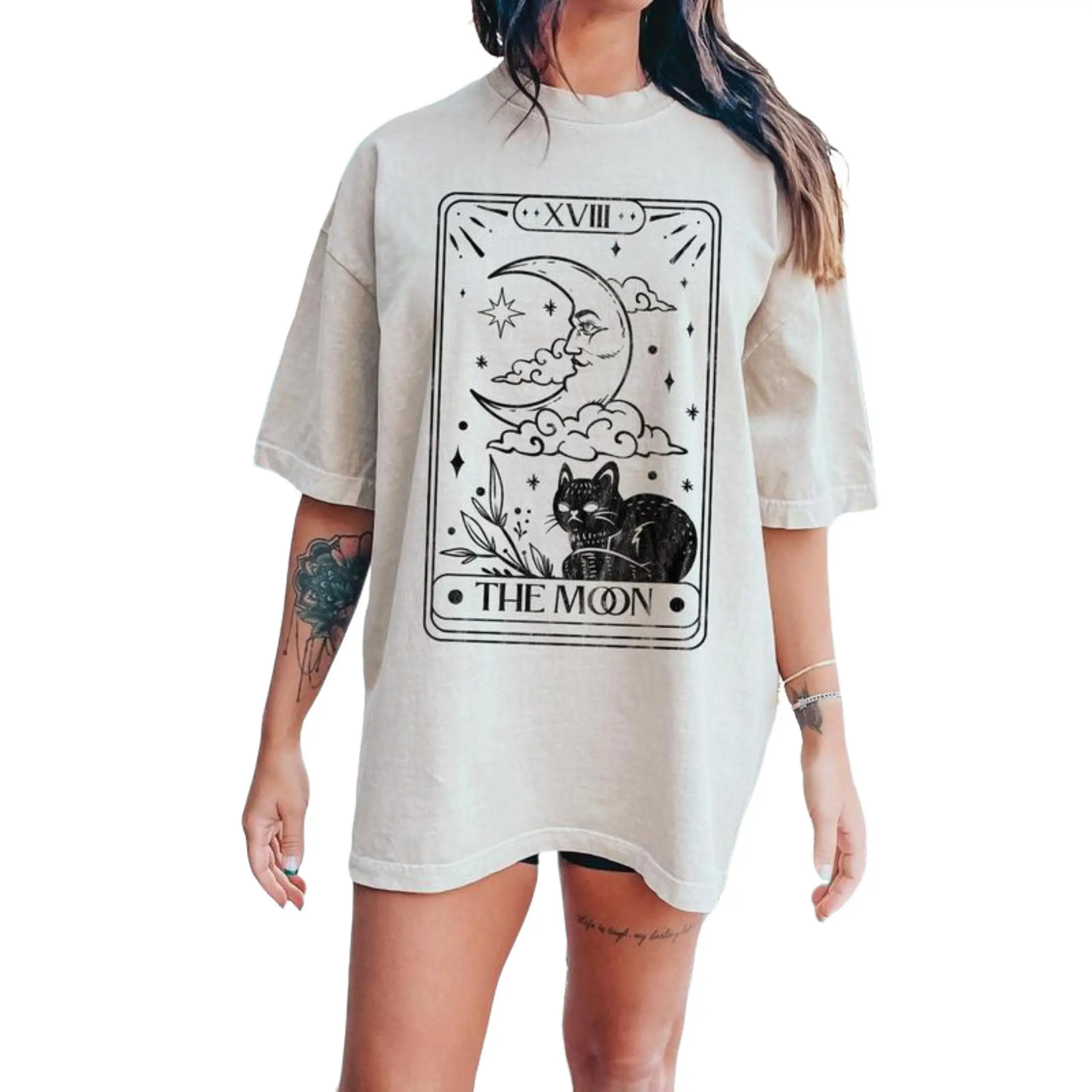 Moon Tarot Card Black and White Celestial 【100% cotton】 T-Shirt, Mystic Witchy Graphic Tee for Men and Women, Retro Spiritual Astrology Shirt, Soft Vintage Washed Unisex Top for Tarot Lovers, Aesthetic Everyday Streetwear Gift