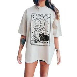 Moon Tarot Card Black and White Celestial 【100% cotton】 T-Shirt, Mystic Witchy Graphic Tee for Men and Women, Retro Spiritual Astrology Shirt, Soft Vintage Washed Unisex Top for Tarot Lovers, Aesthetic Everyday Streetwear Gift