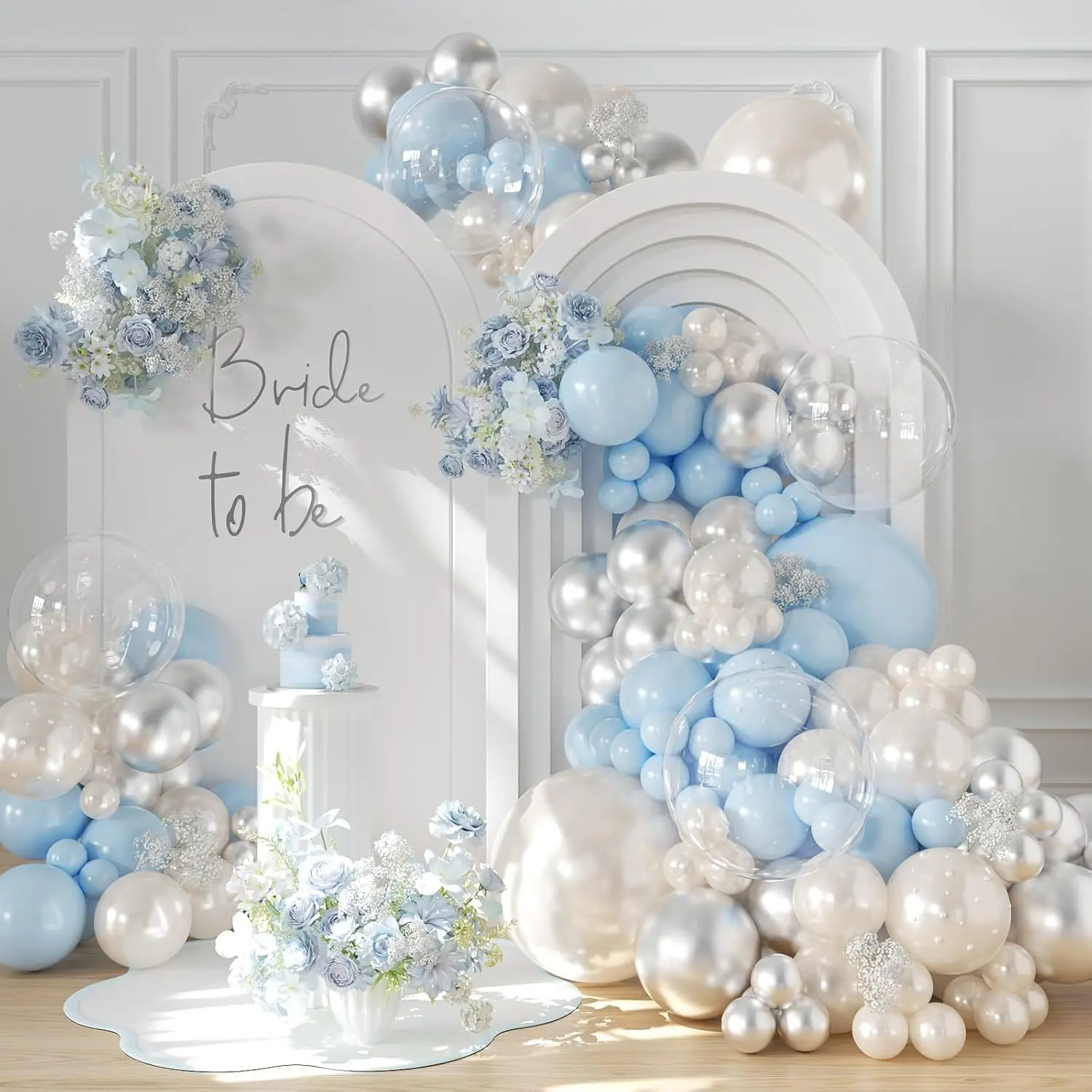 10" Luxury Balloon Arch Kit, 128-Piece Leakproof Multi-Sizes Pearl Blue, Light Blue, Silver & White Balloons with Pearl Stickers, Pump for Quick Setup – Birthday, Wedding, Anniversary Party Decorations, 10" Balloons