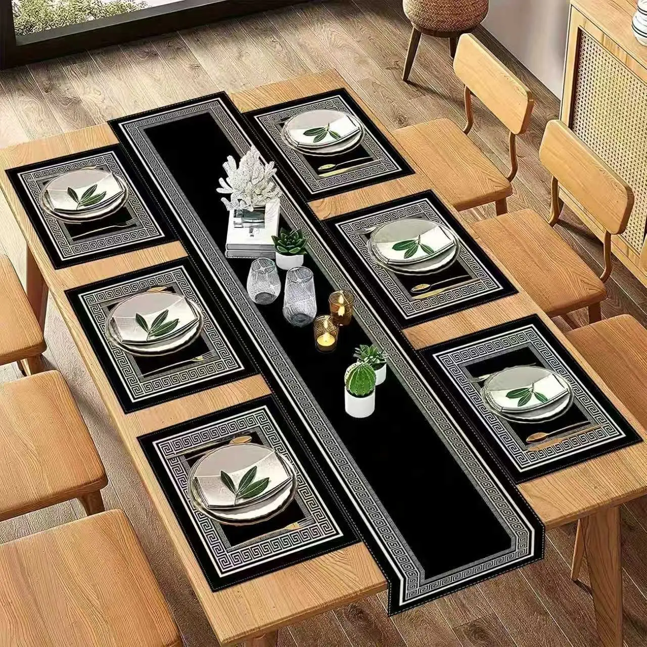 Classic Geometric Pattern Table Runner and Placemat Set, Durable, Versatile Use, Easy Care, Perfect for Holiday Gatherings, Home Kitchen, Dining Room, Living Room