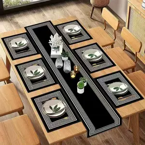 Classic Geometric Pattern Table Runner and Placemat Set, Durable, Versatile, Easy Care, Perfect for Holiday Gatherings, Home Kitchen, Dining Room, Living Room