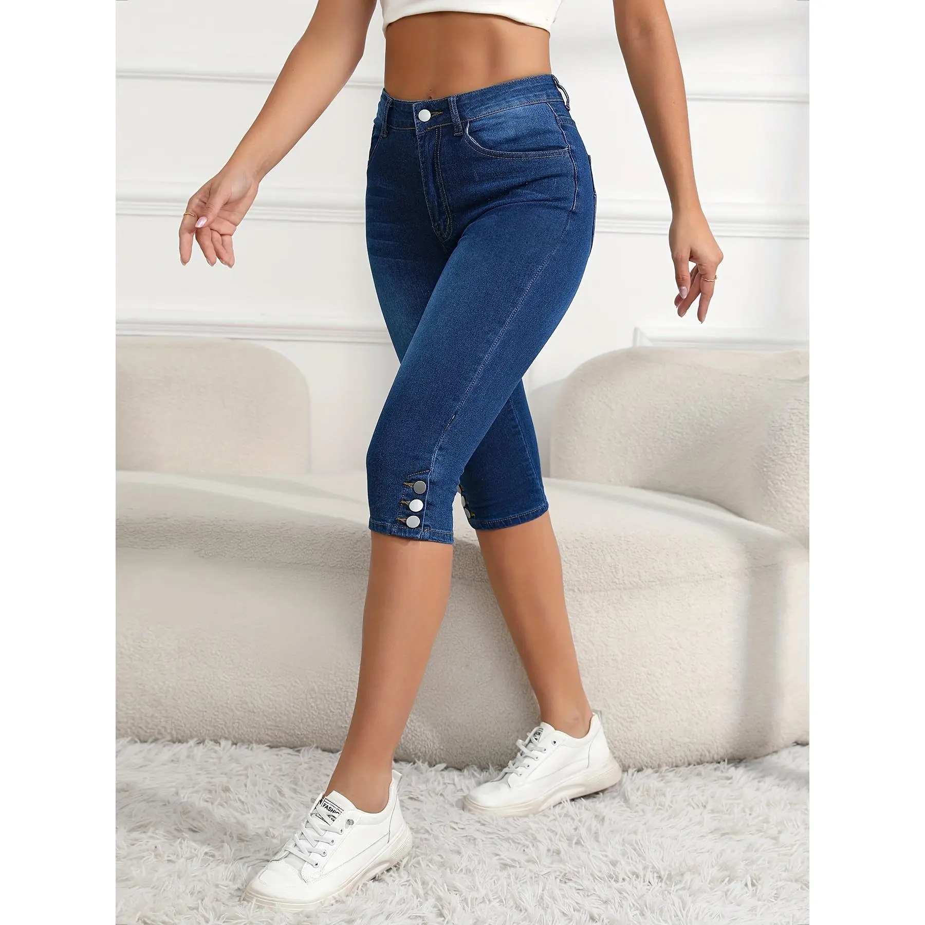 Women's Casual Solid Color Slim-Fit Denim Shorts, High Stretch Viscose Blend Fabric with Side Button Detail, Bottom