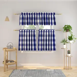 3 Pc Cotton Classic Country Farmhouse Kitchen Window Curtain -Navy Blue & White Buffalo Check Tier & Valance Set, 54" x 18" / 27" x 24"