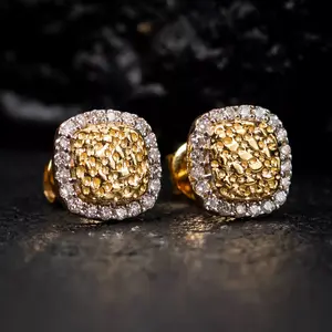 MaxBling81 14K Solid High-End Brass Studs Earrings, 8mm/12mm Iced Cubic Zirconia Gold Nugget Earrings, Luxury Unisex Fashion Costume Jewelry