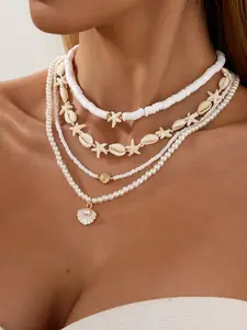 Boho Ocean-Inspired Pendant Necklace Set, Shell Starfish Beaded Chain, Multifunctional Women's Jewelry for Vacation Party Casual Wear, Layered Necklaces