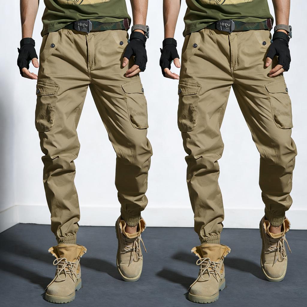 Two-pack: woven plain fabric and solid-color men’s cargo pants featuring an elastic waistband with drawstring, a loose straight tapered fit, multiple pockets including large pockets—ideal for everyday casual wear and work, perfect for cargo outfits and ou