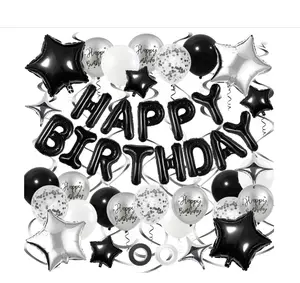 Black and Silver Birthday Decorations, 3D Foil Black Happy Birthday Balloons Banner with Star Balloons, Confetti Balloon, Hanging Swirls, for Boys Girls Men Women Party Decorations