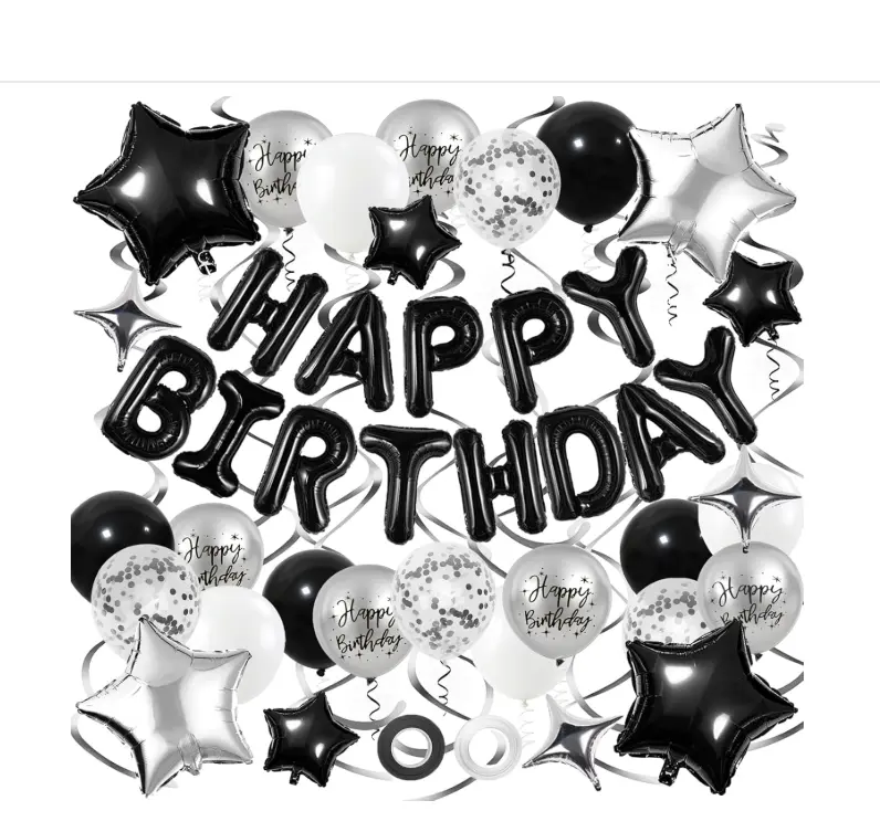 Black and Silver Birthday Decorations, 3D Foil Black Happy Birthday Balloons Banner with Star Balloons, Confetti Balloon, Hanging Swirls, for Boys Girls Men Women Party Decorations