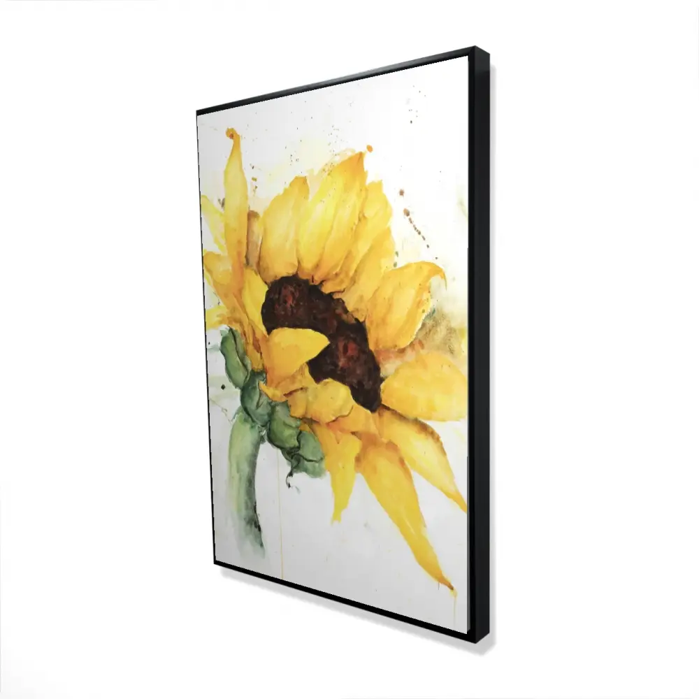 24x36 in. Framed Art Print with 360 Stand - Vibrant Watercolor Sunflower Artwork with Paint Splashes, Artistic Floral Wall Decor for Home, Outdoor Use