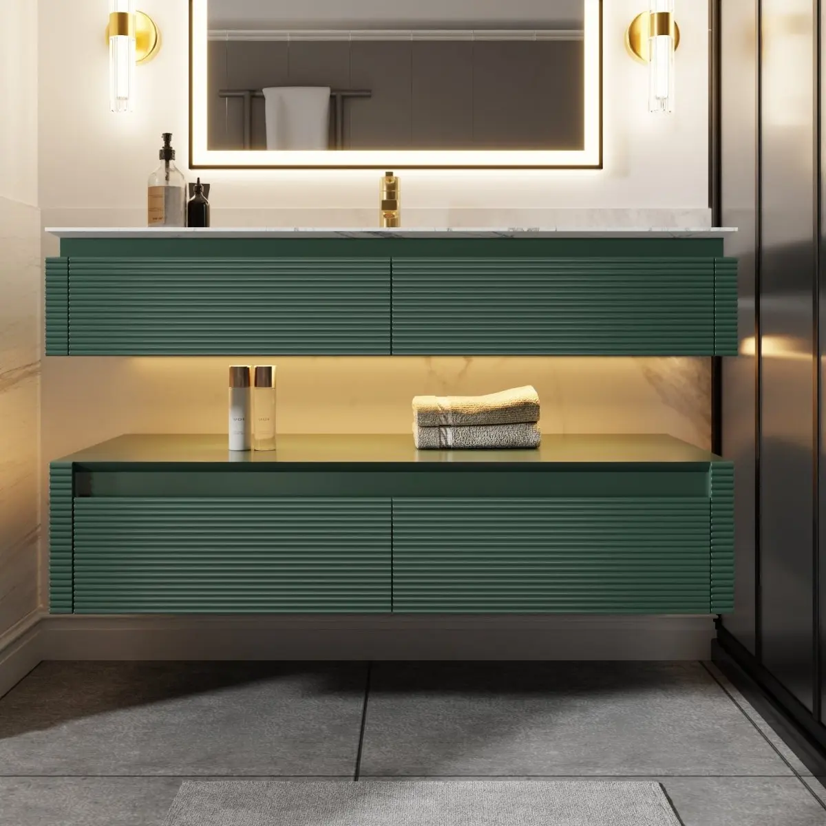 Segeo 48" Green Floating Bathroom Vanity Sinks with Lights and Artificial Stone Countertop