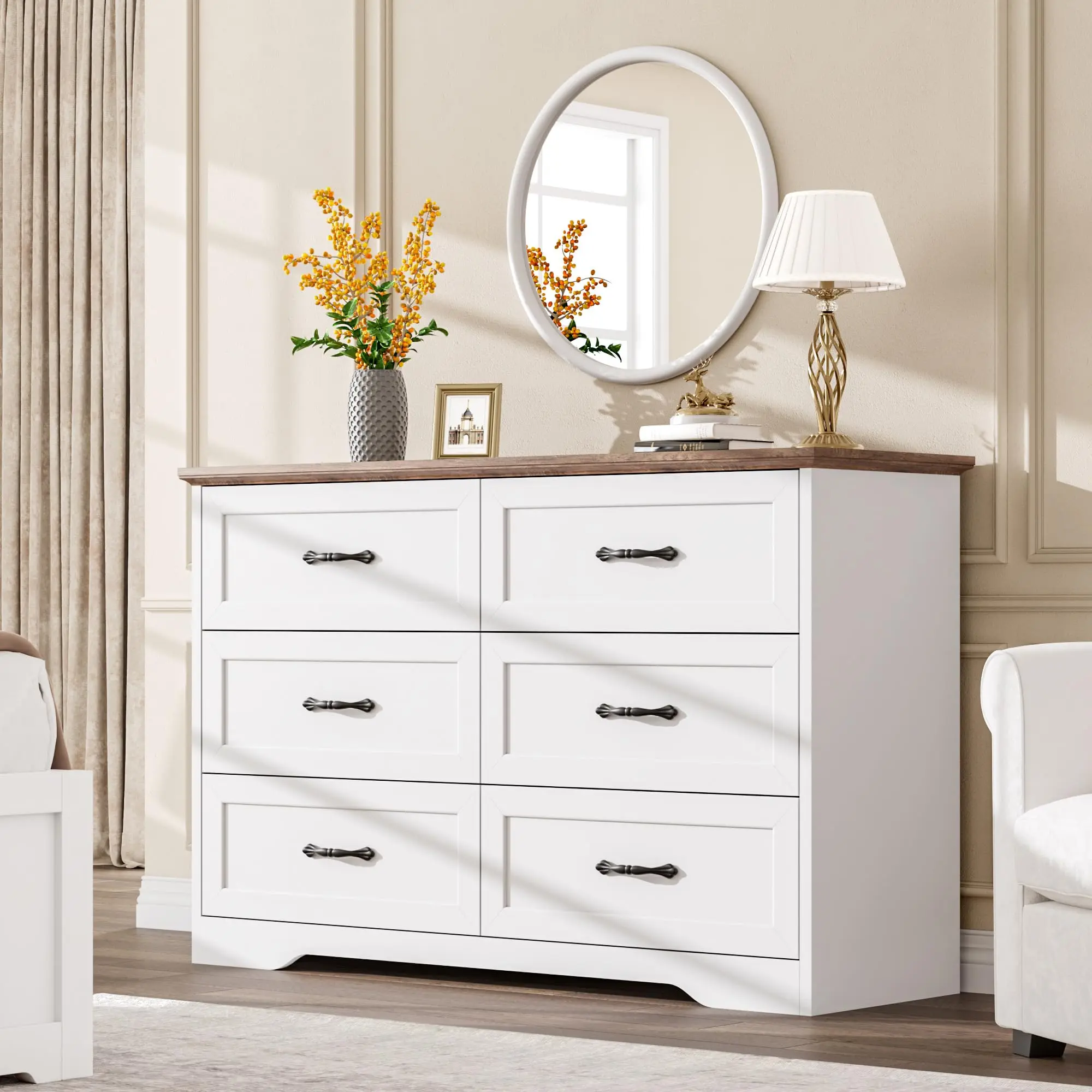 Garvee Wooden Dresser for Bedroom and Closet Storage with Metal Handles, Modern Farmhouse Style Chest for Living Room, Hallway, Natural White and Brown Finish
