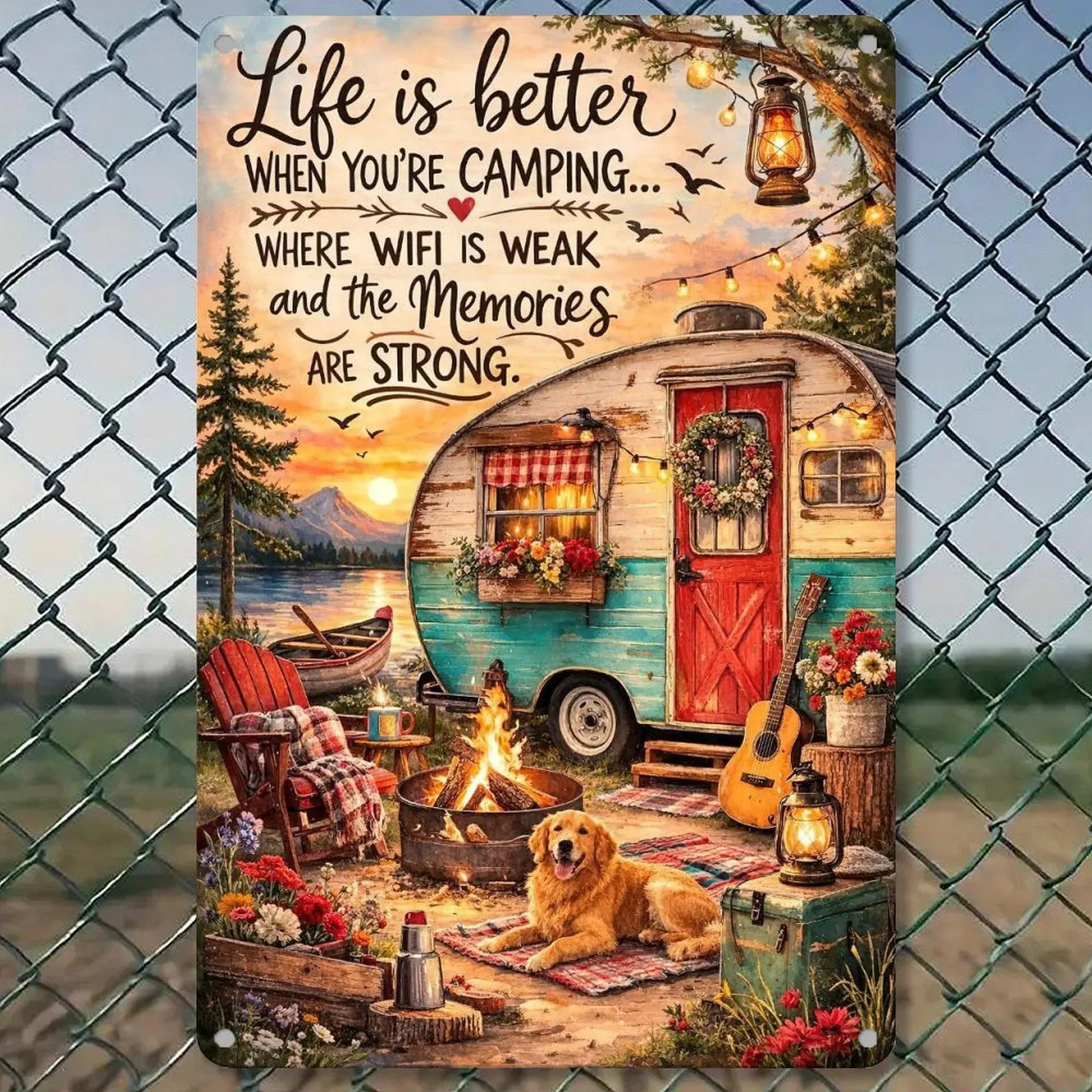 Retro Iron Camping Metal Tin Sign, 8*12in Home Decor Plaque - Life Is Better When You’re Camping Theme, Camper Trailer & Dog & Campfire Design, Ideal Gift for Home Supplies Wall Decor