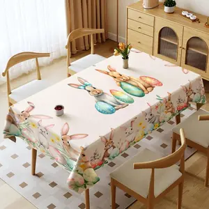 1 Piece Rectangular Tablecloth, Multiple Specifications Available, Multi - Color, Easter - Themed (Rabbits & Eggs, Pastel + Floral), Polyester, Waterproof, Oil - Proof, Thickened, Washable, for Home & Outdoor Use, Cozy Dining Room Decor