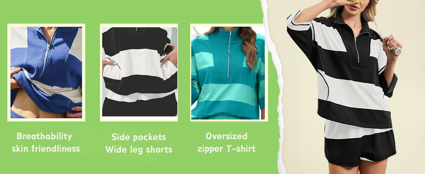 Molitree Women Striped Workout Set Two Piece Outfit Tracksuit Oversized Lounge Set Top and Shorts Sets with Pockets Molitree Women Striped Workout Set Two Piece Outfit Tracksuit Oversized Lounge Set Top and Shorts Sets with Pockets