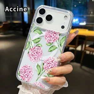 Clear Magnetic Case for iPhone 17 16  Pro Max Plus 15 14 13 12 11 Air E Pink Hydrangea Grace  Pattern Acrylic Hard Back Soft Silicone Edge Bumper Sockproof Cover