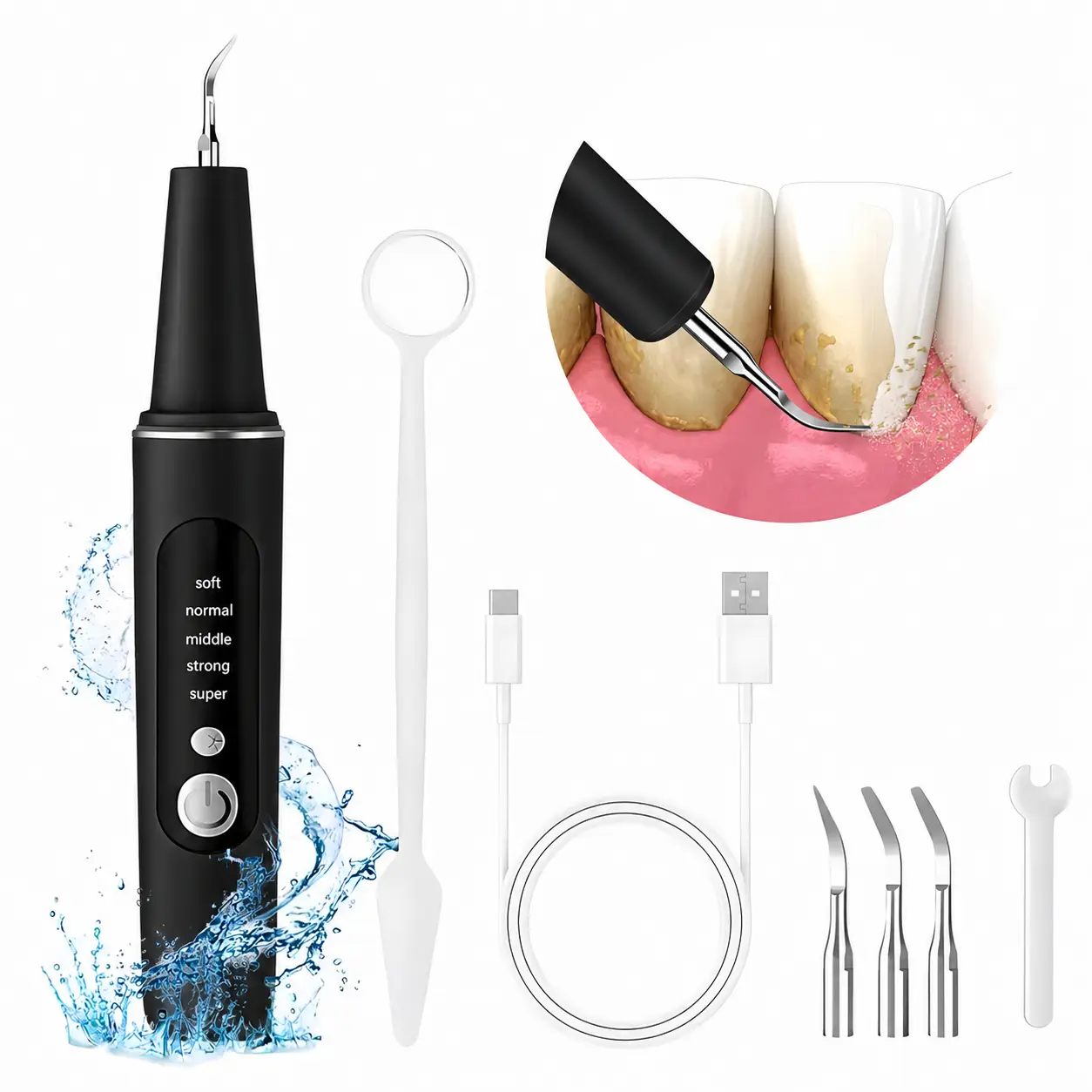 Plaque/Tartar Remover for Teeth, Electric Tooth Cleaner Tartar Remover for Teeth with LED Light,5 Modes Rechargeable Teeth Cleaning Kit with Dental Tools, 3 Replaceable Heads