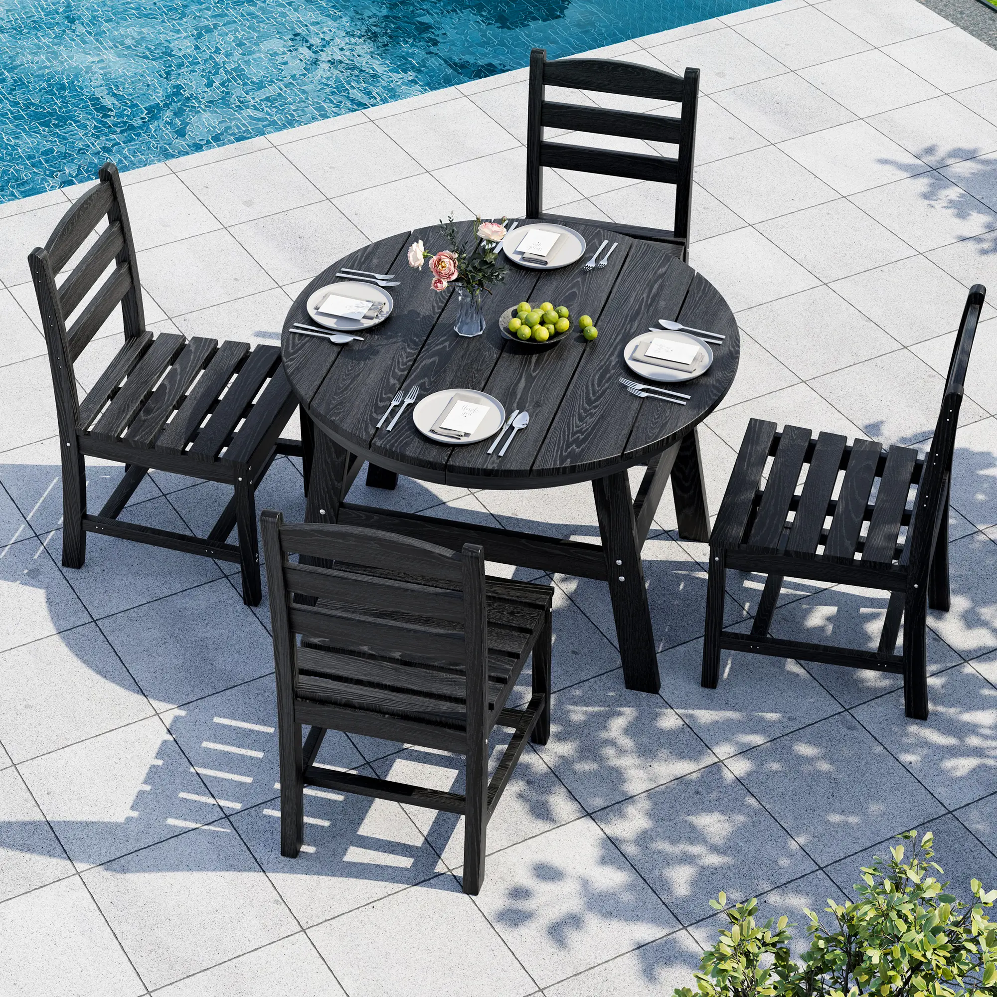 Black 5-Piece Round Outdoor Patio Furniture Dining Set – Ships in 3 Boxes, HDPE Table with Umbrella Hole, 105° Ergonomic Backrest Chairs, All-Weather for Porch, Poolside, Patio Furniture Sets, Outdoor Furniture Sets