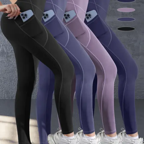 Women's Solid High Waist Sports Leggings, Casual Comfy Breathable Skinny Pants for Yoga Gym Workout Running, Ladies Sportswear for Summer, Gym Clothing, Solid Pocket Leggings, High Waisted Leggings, Athletic Skinny Pants, Leggings With Pockets