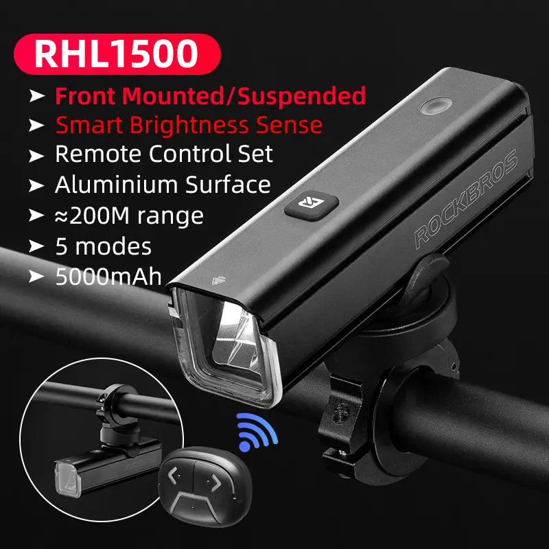 ROCKBROS RHL1500 Aluminum Cycling Light, 1500 Lumens Rack Mount Front Light, IPX6 Waterproof USB-C Rechargeable 5500mAh Bike Accessory with Remote & Smart Sensing, Rechargeable Bicycle Light