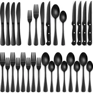 24-Piece Black Silverware Set with Steak Knives Black Stainless Steel Flatware Set for 4 Food Grade Tableware Cutlery Set Rust-proof, Mirror Polished, Dishwasher Safe
