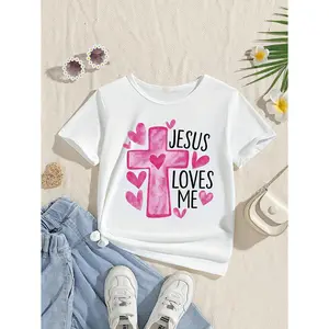 [Cute Cartoon T-Shirt] Cute Cartoon Jesus Loves Me Girls' English Print Casual Short-Sleeve T-Shirt Summer New Arrival
