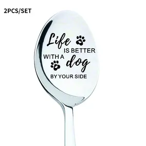 2pcs  Engraved Stainless Steel Spoon With Life Is Better With A Dog And Paw Print Ideal Gift For Dog Lovers Durable And Reflective