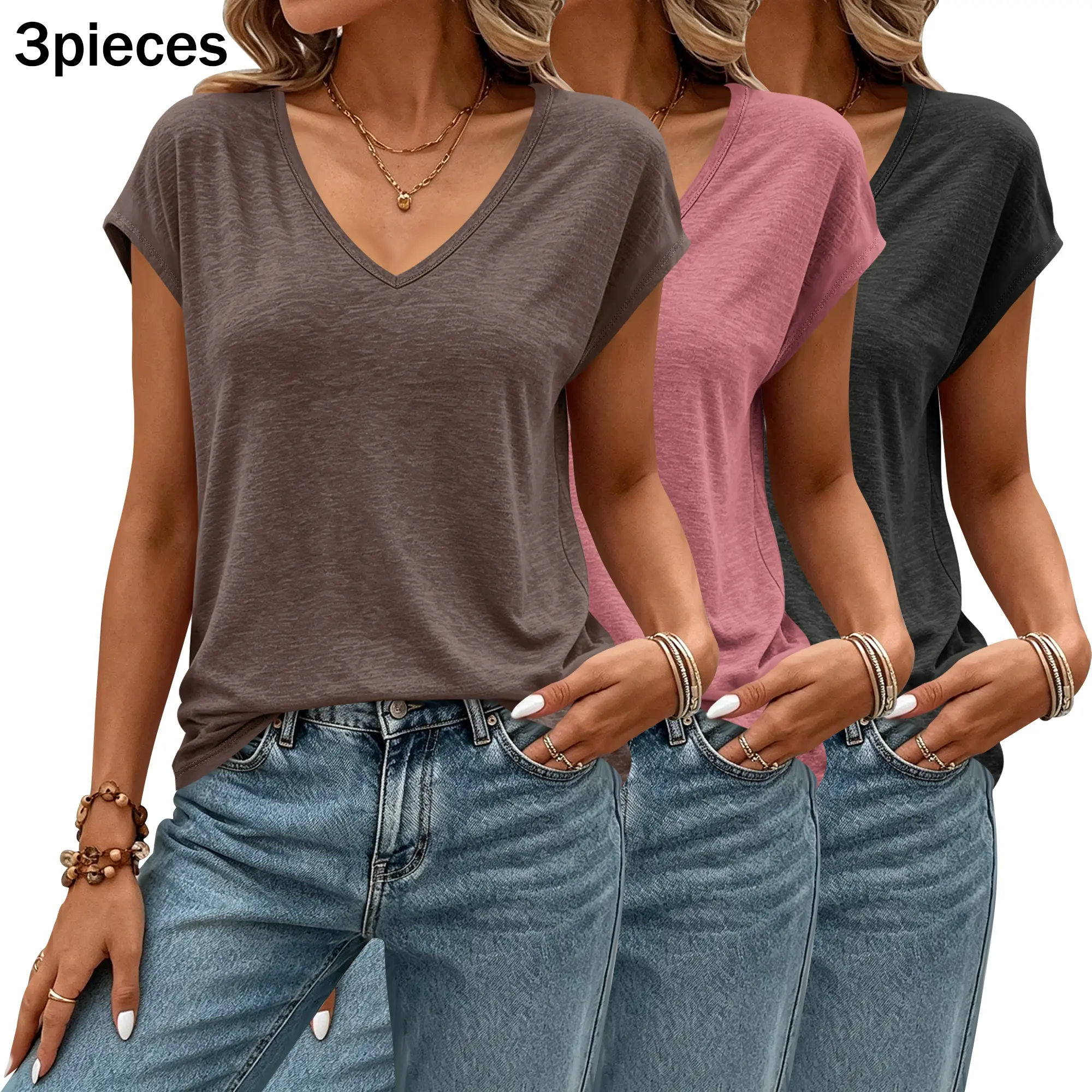 Women's V-Neck Cap-Sleeve Tshirt 3-Pack - Soft, Solid-Color, Loose-Fit Comfortable Minimalist Chic Casual Basic Tops for Everyday Wear, Shortsleeve, Style, Lady, Women's Clothes, Shirts For Women