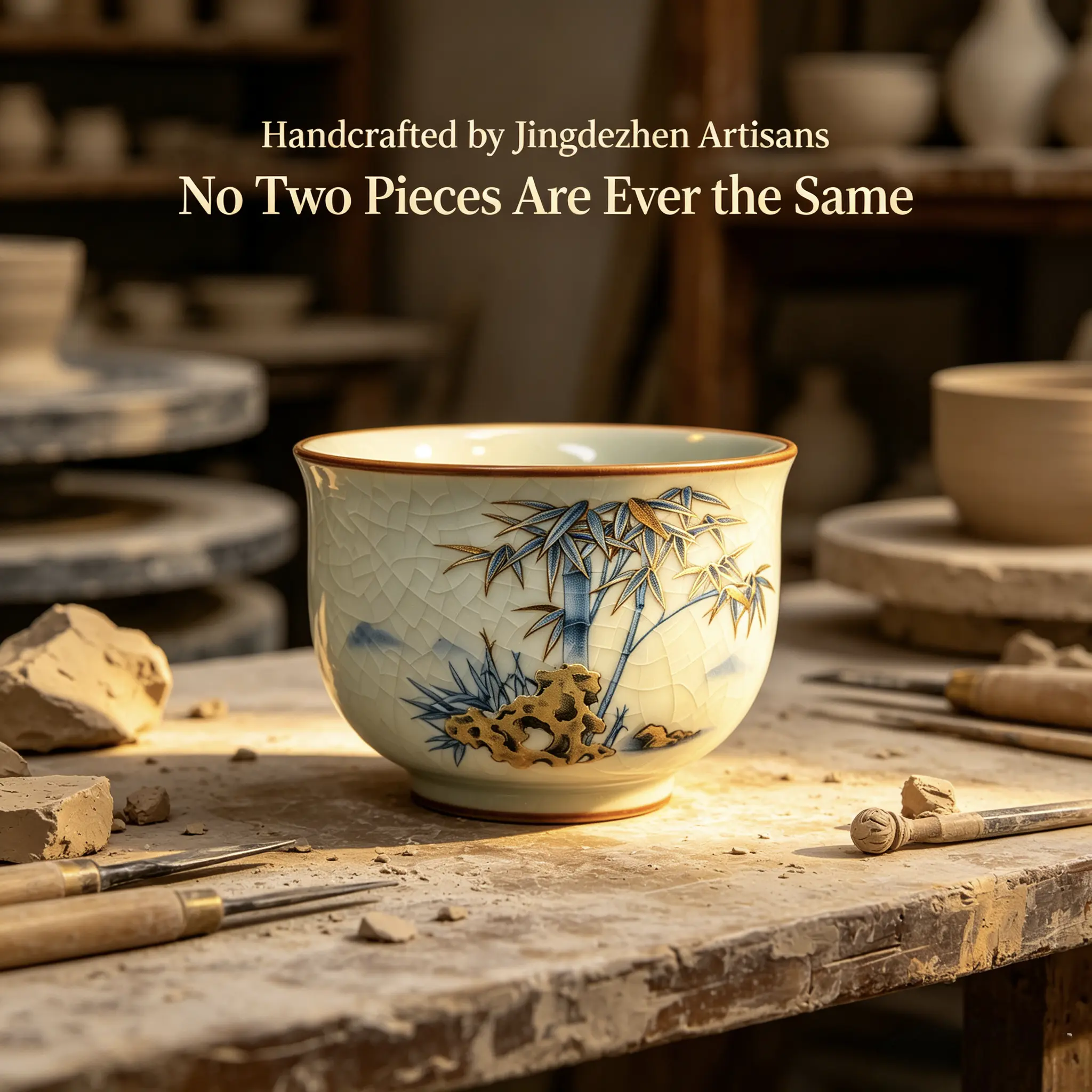 Jingdezhen Artisan-Crafted Ceramics Bowl, Unique Bamboo Motif Artisan Teaware for Collectibles & Cultural Displays