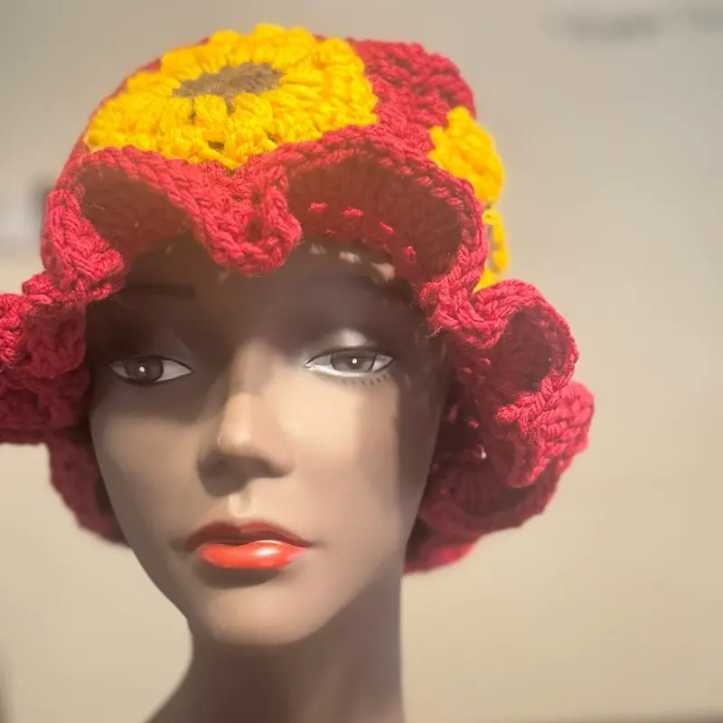 Summer Sunflower Bucket Hat - Red and Yellow Crocheted Design for Casual Wear