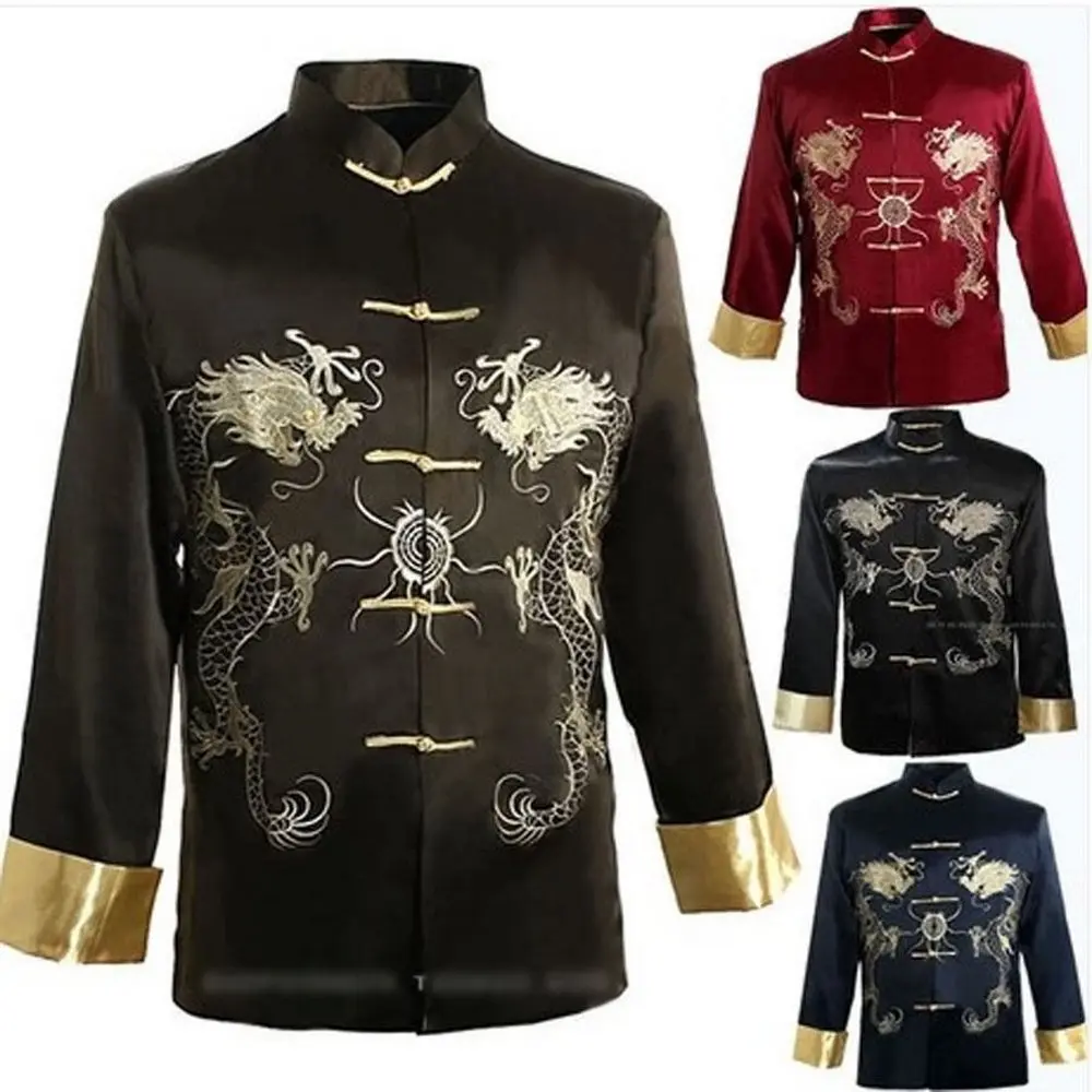 THY COLLECTIBLES Men's 3XL Silk Satin Tang Suit Jacket - Mandarin Collar, Double Dragon Embroidery, Lightweight Classic Fit Kung-Fu Coat, Traditional Menswear Uniform (Note Asian Sizes)