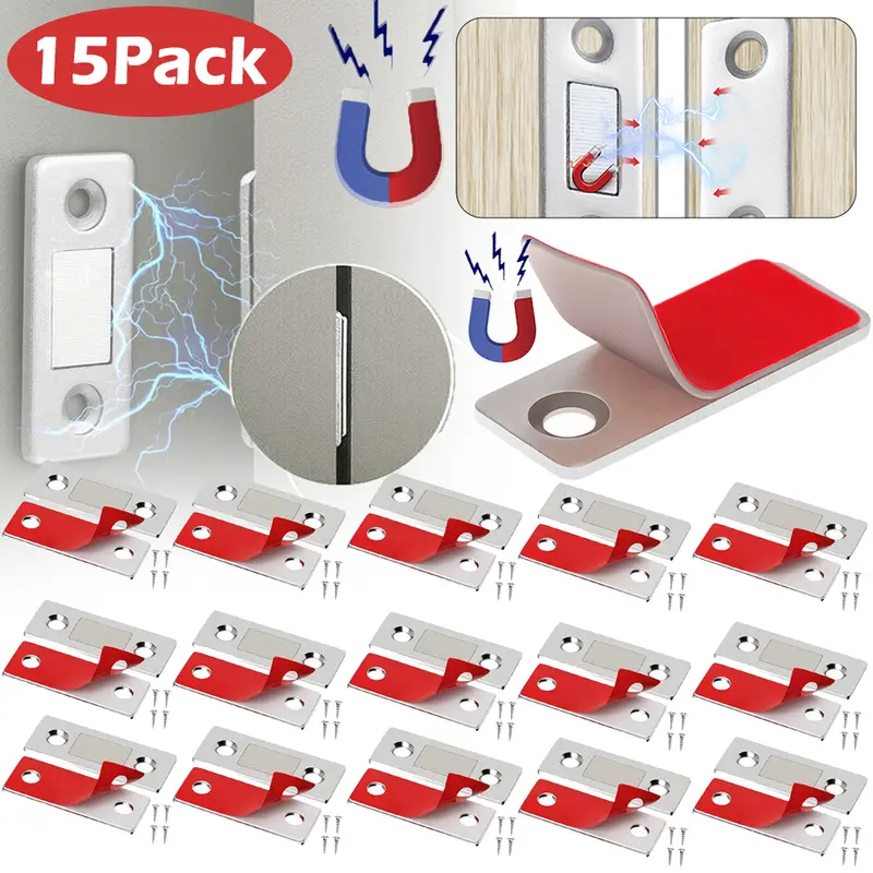 Ultra Thin Stainless Steel Neodymium Magnetic Door Catch, 15-Lb Super Strong Magnetic Force Iron Furniture Hardware, Easy to Install, Prevents Surface Damage, Keeps Cabinets & Closets Securely Closed, Neodymium Magnets