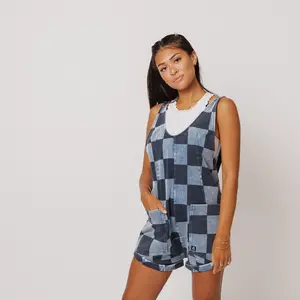 Adult Overall Shortie - Blue Denim Check Adult Overall Shortie - Blue Denim Check
