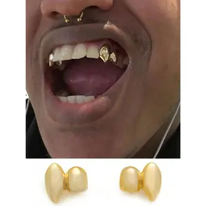 Gold Plated 1 Pair 4pcs 18K Dental Grade Copper Unisex Fashion Jewelry Accessory for Party, Halloween with Sharp Teeth