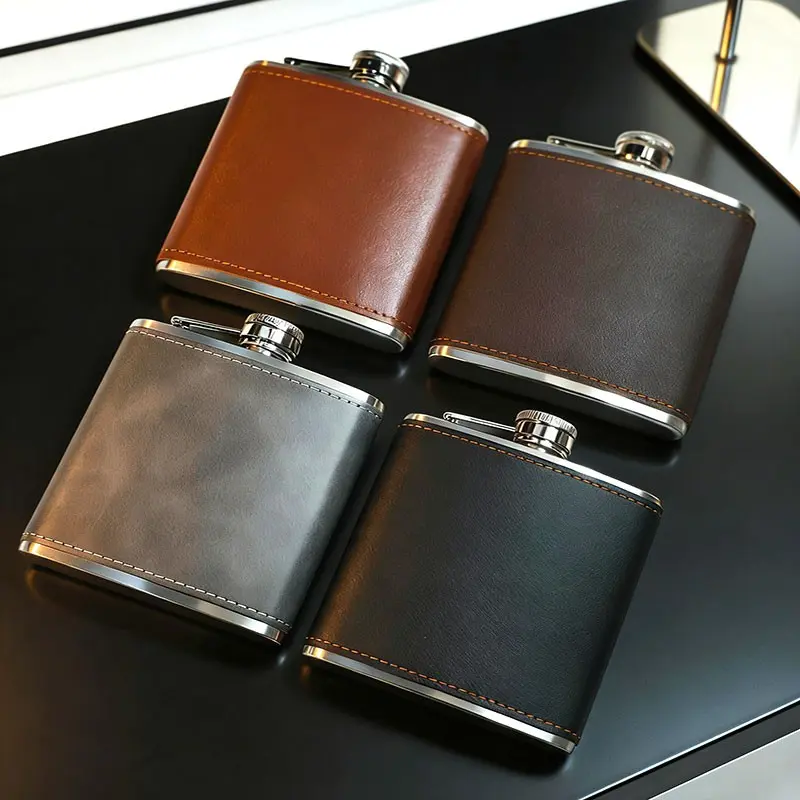 Fashion Minimalist Design Men's Hip Flasks for Liquor, Leakproof Leather Wrapped Flasks Liquor, 6 Oz Bourbon Whiskey Flask, 18/8 Stainless Steel Flasks for Liquor, Ideal Gift for Groomsman, Men, Dad, Travel, Camping & Outdoor, Camping Accessories