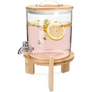 3 Gallon Glass Drink Dispenser with Wooden Stand, Beverage Dispenser Equipped with Spigot and Lid, Large Capacity Container for Ice Water, Juice, Iced Tea, Perfect for Parties, Picnics, Kitchen & Entertaining