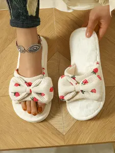 Women's Bow Print Open-Toe Slippers, Indoor Anti-Slip Eva Sole, Casual Textile Upper, Comfortable Home Shoes for Women, Non Slip Slippers