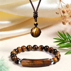 Natural Stone Jewelry Set for Men & Women Adjustable Woven Cord Tiger Eye & Obsidian Beaded Bracelet & Necklace Gift