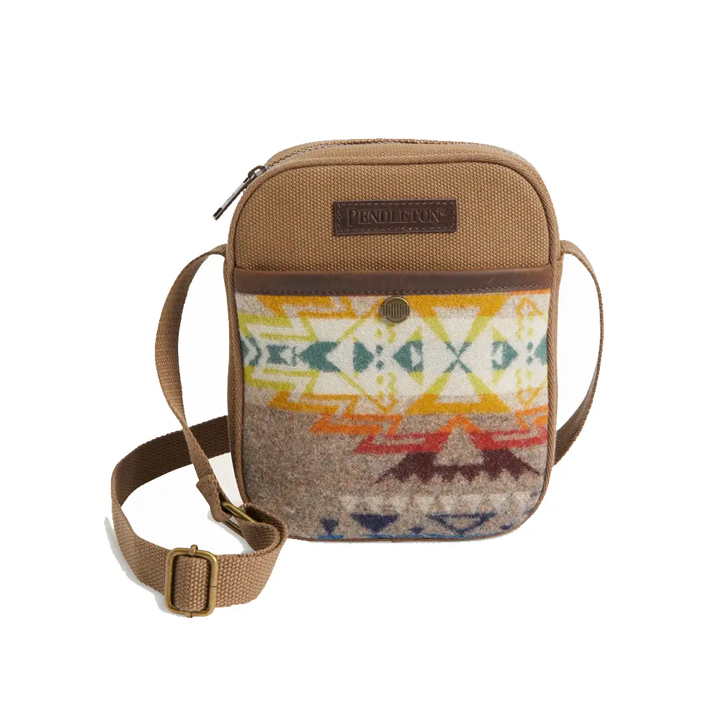 Pendleton Men's Highland Peak Tan Crossbody Satchel - Adjustable Strap, Casual Wear Compatible, Leather Patch, Zip Closure