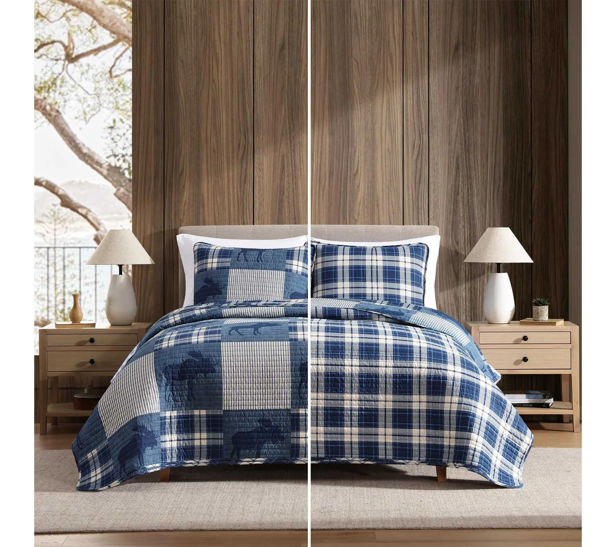 Eddie Bauer Moose Plaid Patchwork Blue Cotton F/Q Quilt Set
