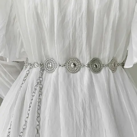 Women's Boho Style Round Textured Metal Chain Belt, Exquisite Design Belt, Casual Vintage Trendy Adjustable Waist Belt, Fashionable Clothes Accessories for Daily & Party Decoration, Waistband, Adjustable Strap Belt, Adjustable Belts