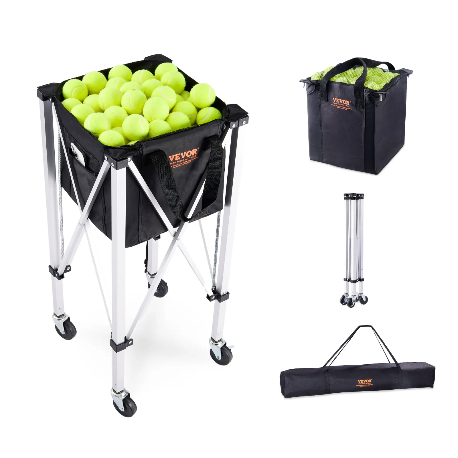 【summerfinds】VEVOR Foldable Tennis Ball Hopper, Holds 150 Tennis Balls, Lightweight Aluminum Alloy Tennis Ball Basket Cart with Wheels, Removable Bag, Carry Bag, Portable Sports Teaching Cart for Tennis Player