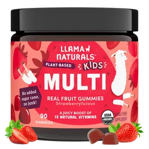 Llama Naturals Kids Multivitamin Gummies - Real Fruit Gummy Vitamins, No Added Sugar Cane - 13 Whole Food Vitamins - USDA Organic, Vegan Chewable Vitamins - Strawberry