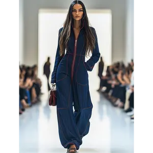 Women's Elegant Solid Color Denim Jumpsuit - Slim-Fit V-Line One-Piece Romper with Oversized Pockets, Long Sleeve Beltless Waist (No Belt Needed), Hand Washable Washed Jeans-Like Texture for Casual to Formal Events, Spring/Autumn/Winter