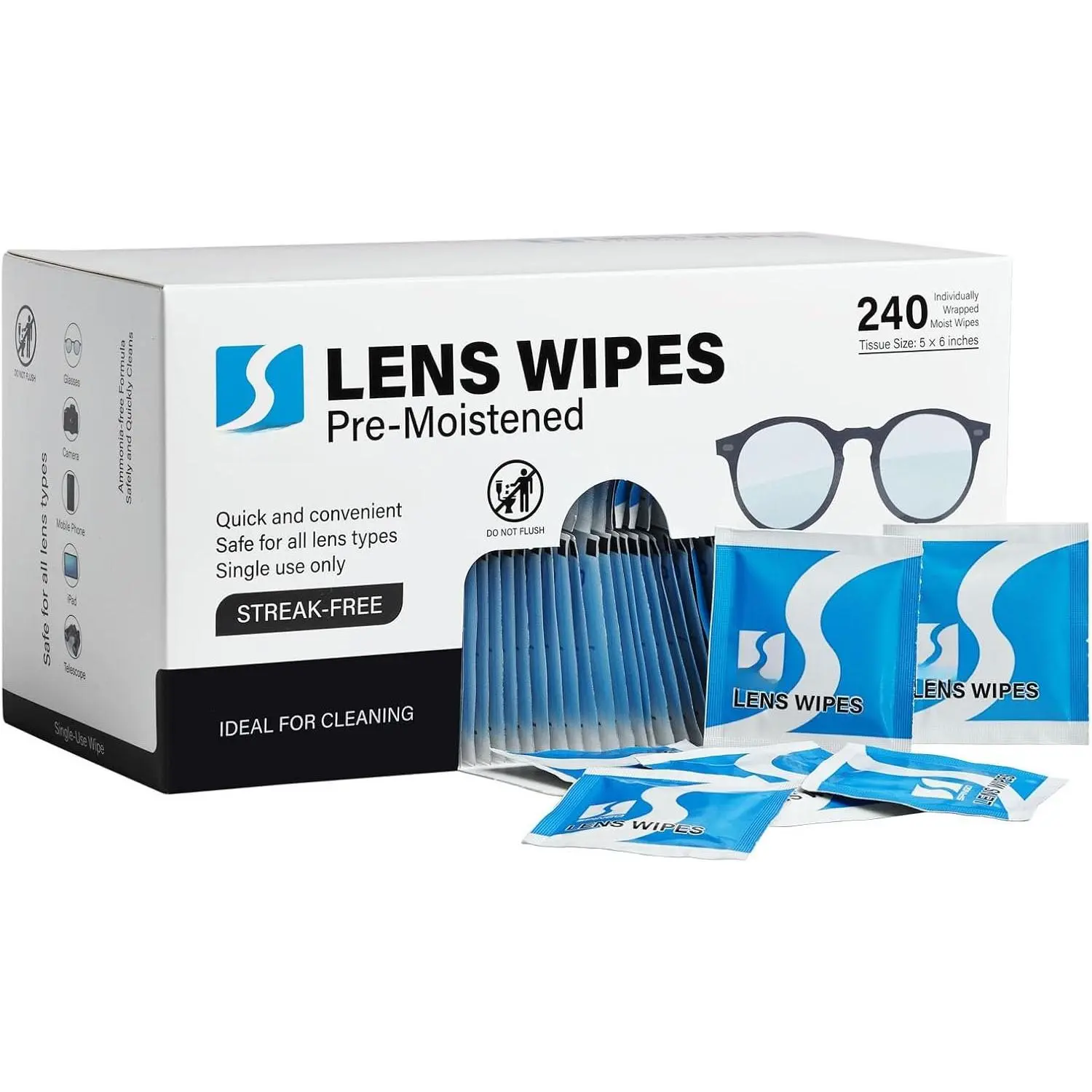 Eye Glasses Cleaner Wipes, Pre-moistened Glasses Wipes, Eyeglass Cleaning Wipes for Sunglasses, Phone, Camera Lens, Goggles and Other Optical Lenses. (240 Count)