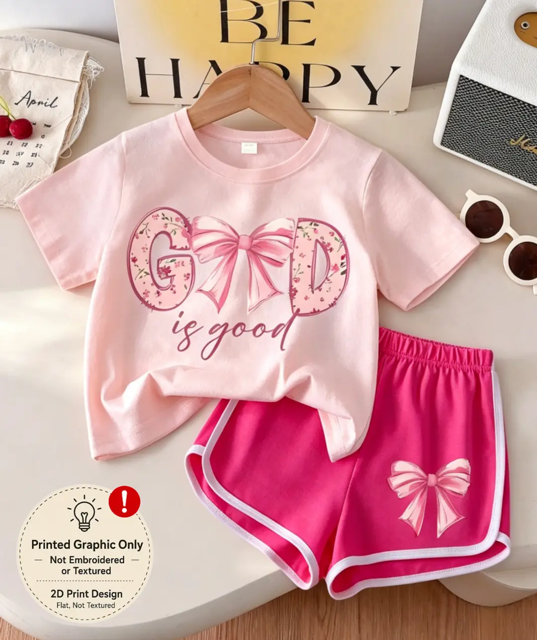 Girls' 2-Piece Back-to-School Bow-Print Apparel Set - Cute T-Shirt & Shorts, Fashionable Casual Outfit for 4-16-Year-Old Kindergarten & Preschool Kids